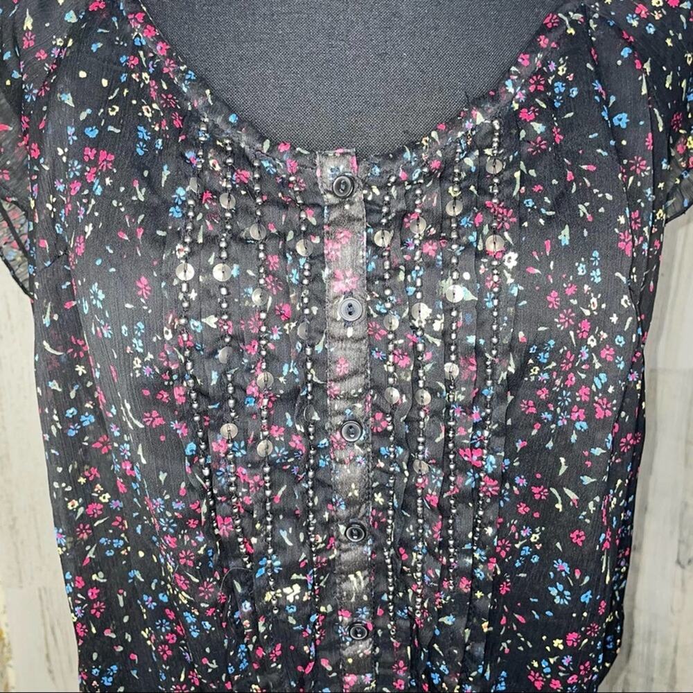 Decree Floral Top Drop Drawstring Waist Short Sleeved Blouse Pleated Women’s L - Picture 3 of 6